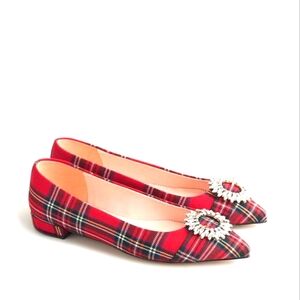 J. Crew Red Plaid Pointed Toe Flats with Crystal Brooch